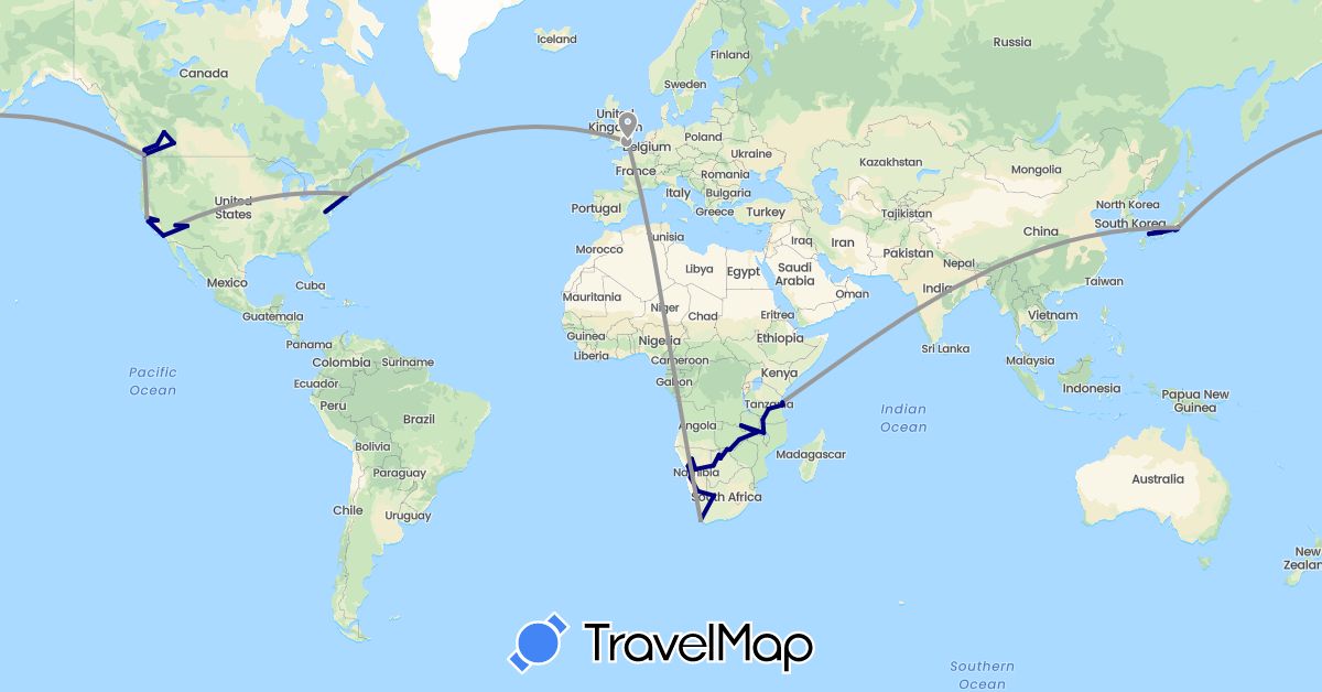 TravelMap itinerary: driving, bus, plane in Botswana, Canada, United Kingdom, Japan, Malawi, Namibia, Tanzania, United States, South Africa, Zambia (Africa, Asia, Europe, North America)