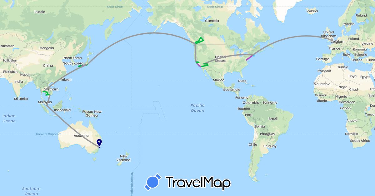 TravelMap itinerary: driving, bus, plane, train, boat in Australia, Canada, United Kingdom, Japan, Cambodia, Singapore, Thailand, United States, Vietnam (Asia, Europe, North America, Oceania)